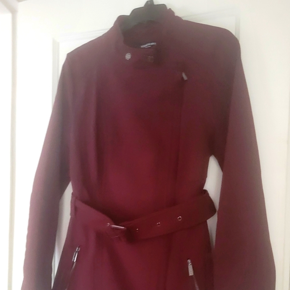 Kenneth Cole Womens Soft Shell Trench Coat Jacket Asymmetrical Belted MAROON Med